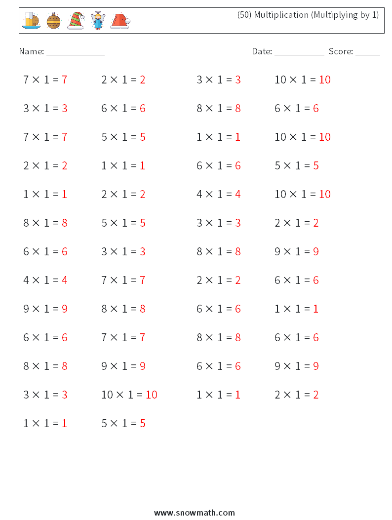 (50) Multiplication (Multiplying by 1) Maths Worksheets 8 Question, Answer