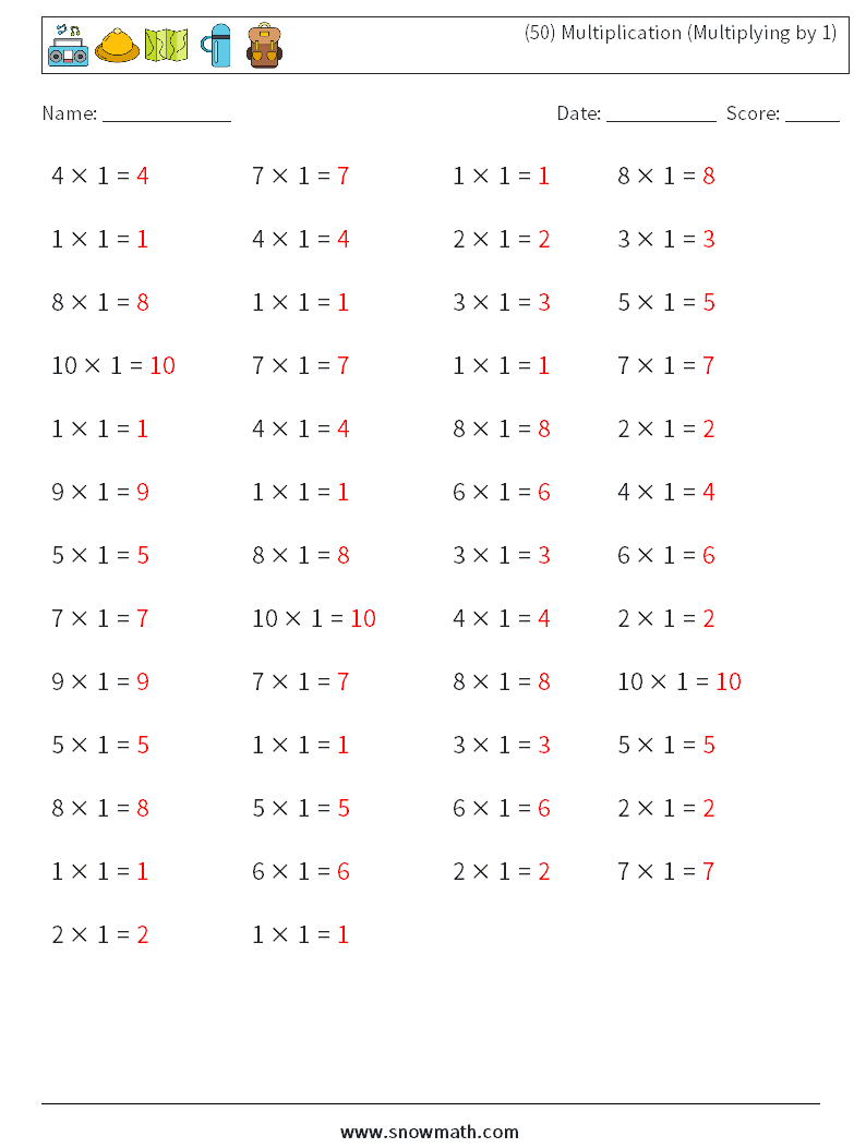 (50) Multiplication (Multiplying by 1) Maths Worksheets 9 Question, Answer