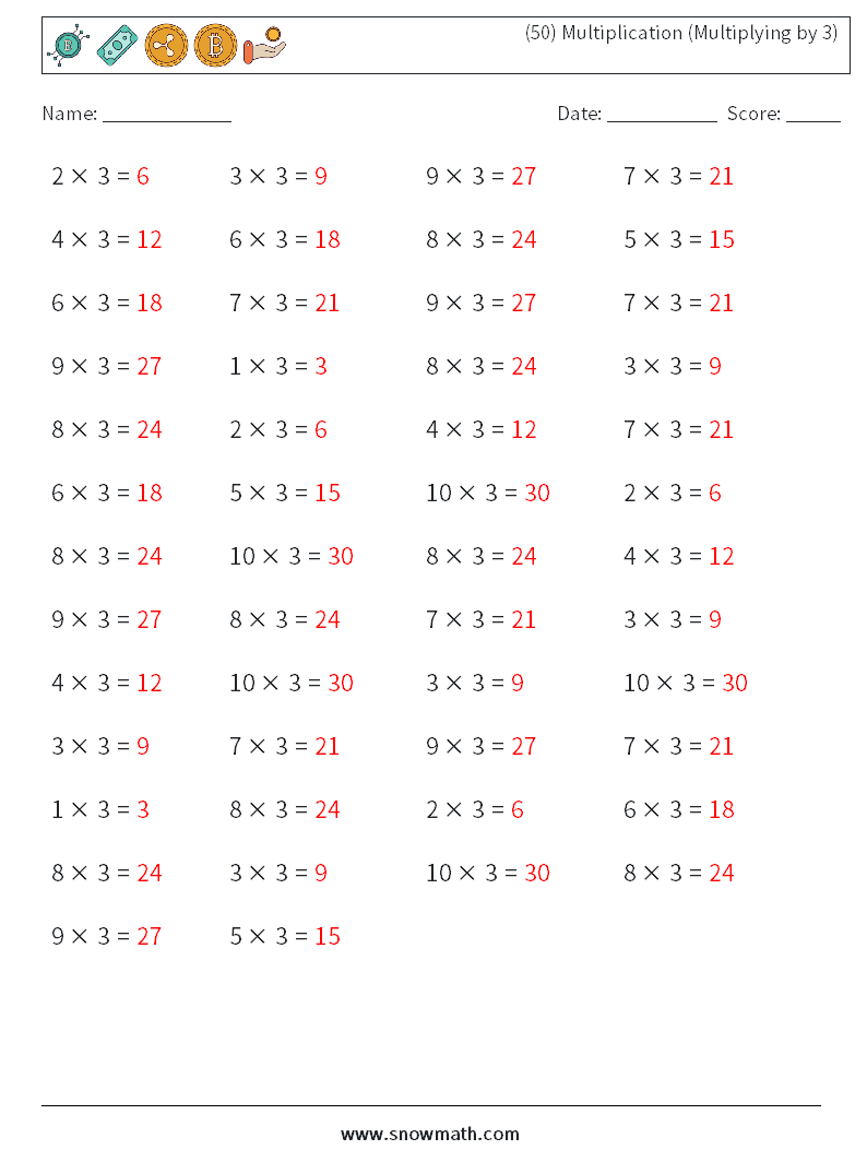 (50) Multiplication (Multiplying by 3) Maths Worksheets 2 Question, Answer