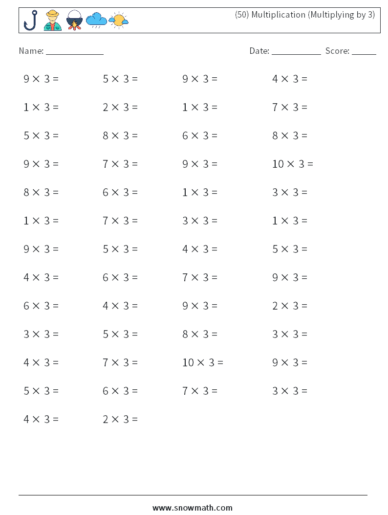 (50) Multiplication (Multiplying by 3) Maths Worksheets 3