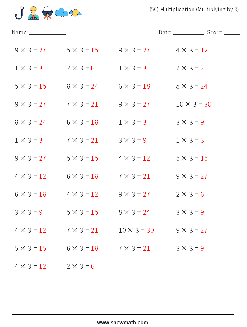 (50) Multiplication (Multiplying by 3) Maths Worksheets 3 Question, Answer