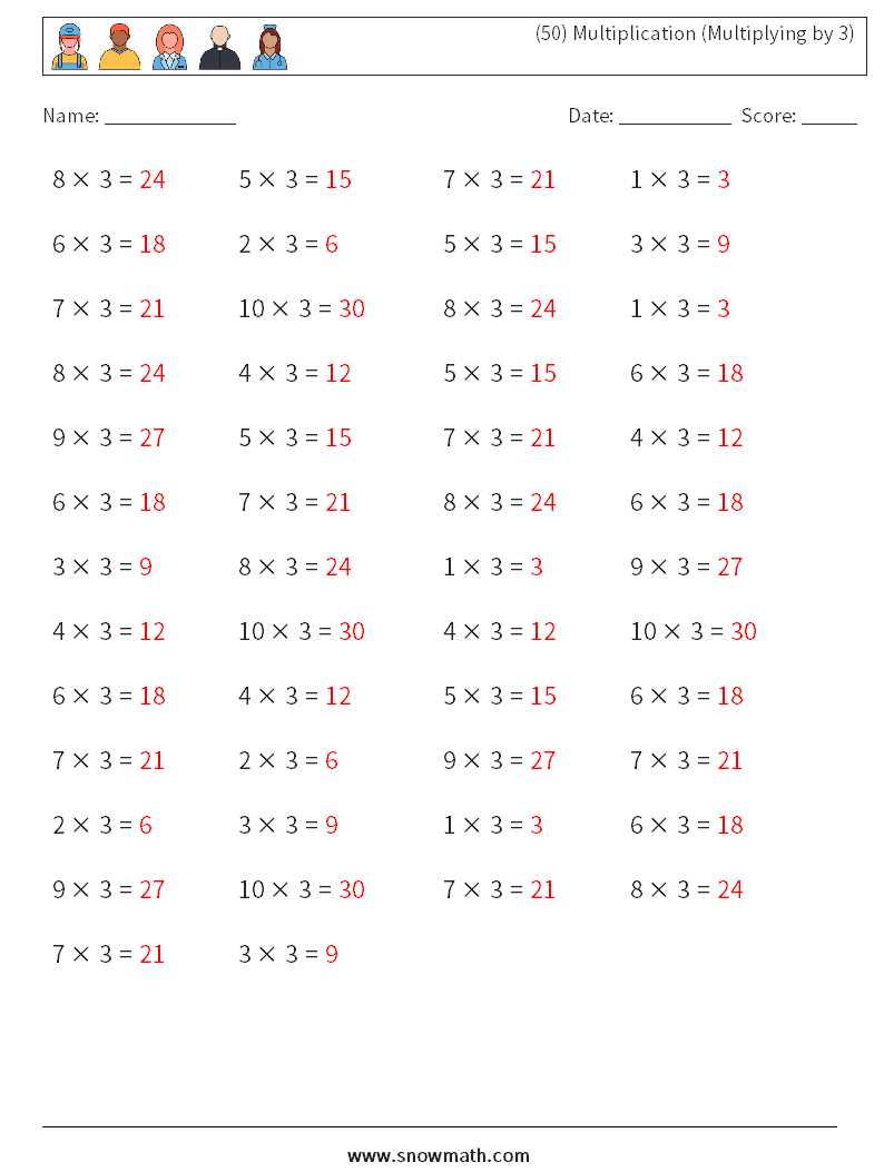 (50) Multiplication (Multiplying by 3) Maths Worksheets 4 Question, Answer