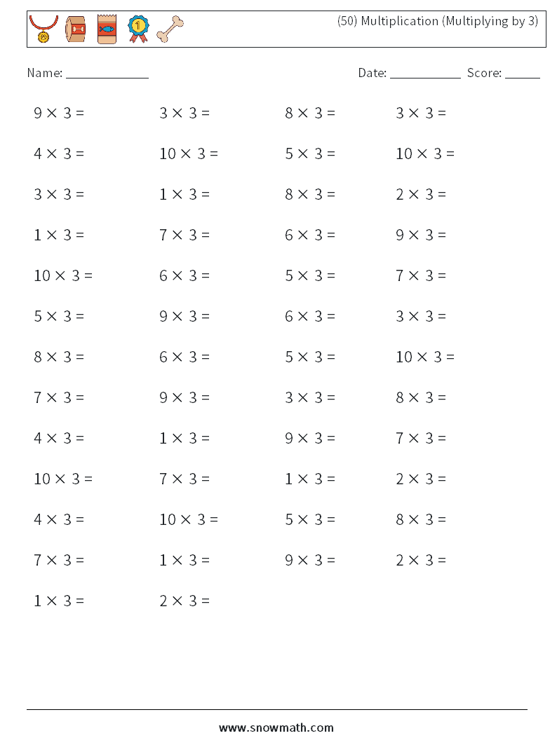 (50) Multiplication (Multiplying by 3) Maths Worksheets 5