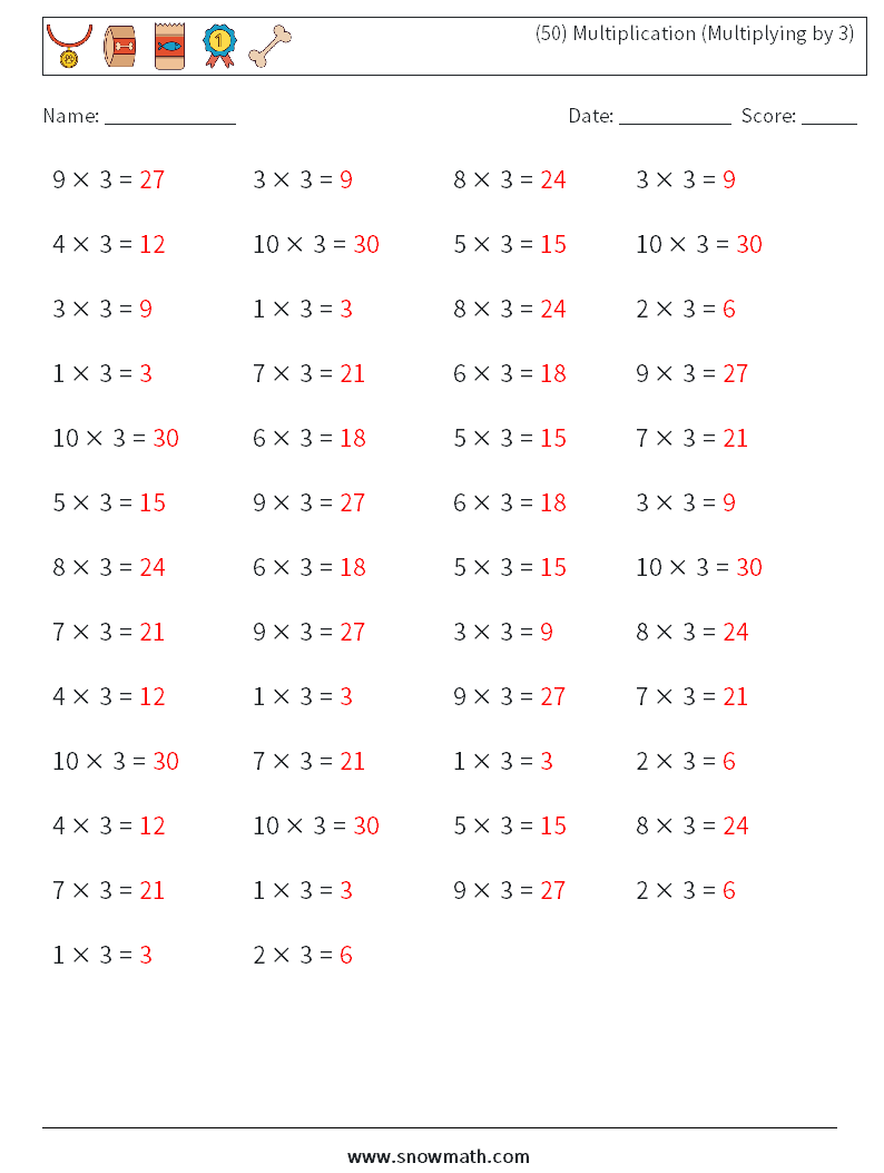 (50) Multiplication (Multiplying by 3) Maths Worksheets 5 Question, Answer