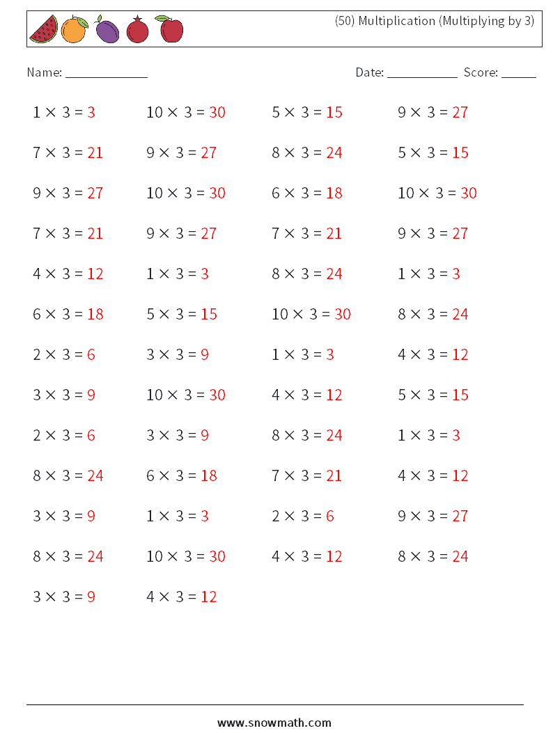 (50) Multiplication (Multiplying by 3) Maths Worksheets 6 Question, Answer