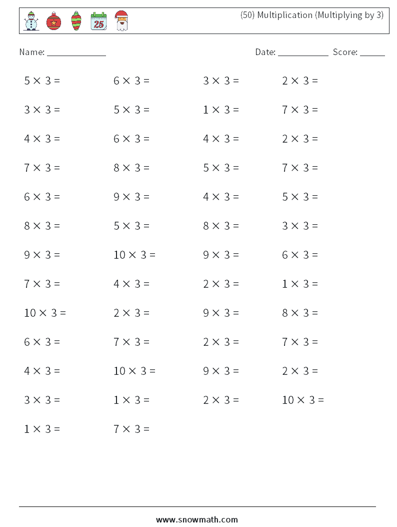 (50) Multiplication (Multiplying by 3) Maths Worksheets 7