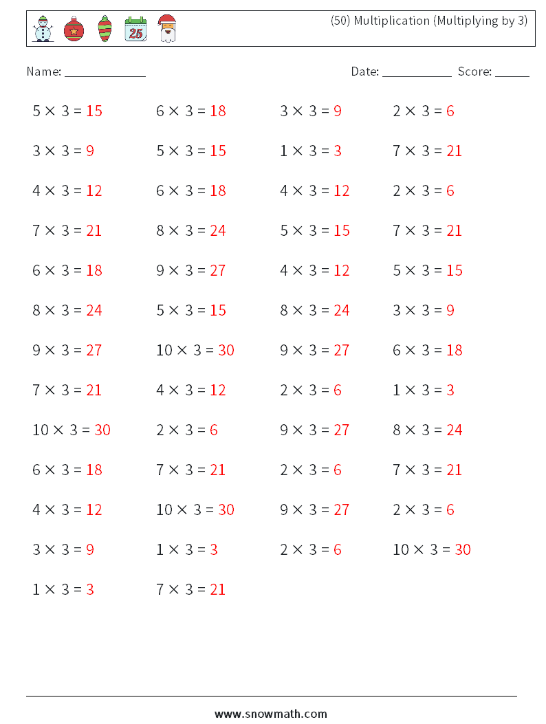 (50) Multiplication (Multiplying by 3) Maths Worksheets 7 Question, Answer