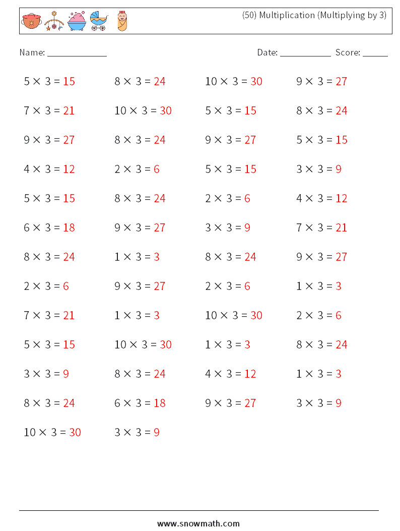 (50) Multiplication (Multiplying by 3) Maths Worksheets 8 Question, Answer