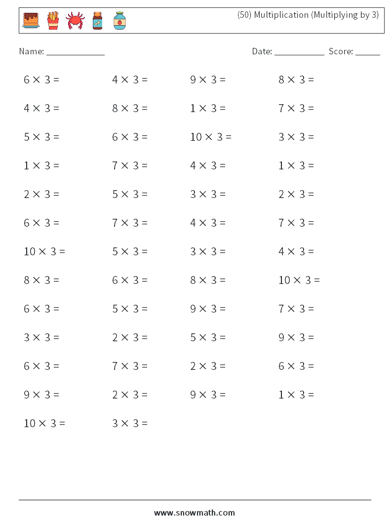 (50) Multiplication (Multiplying by 3) Maths Worksheets 9