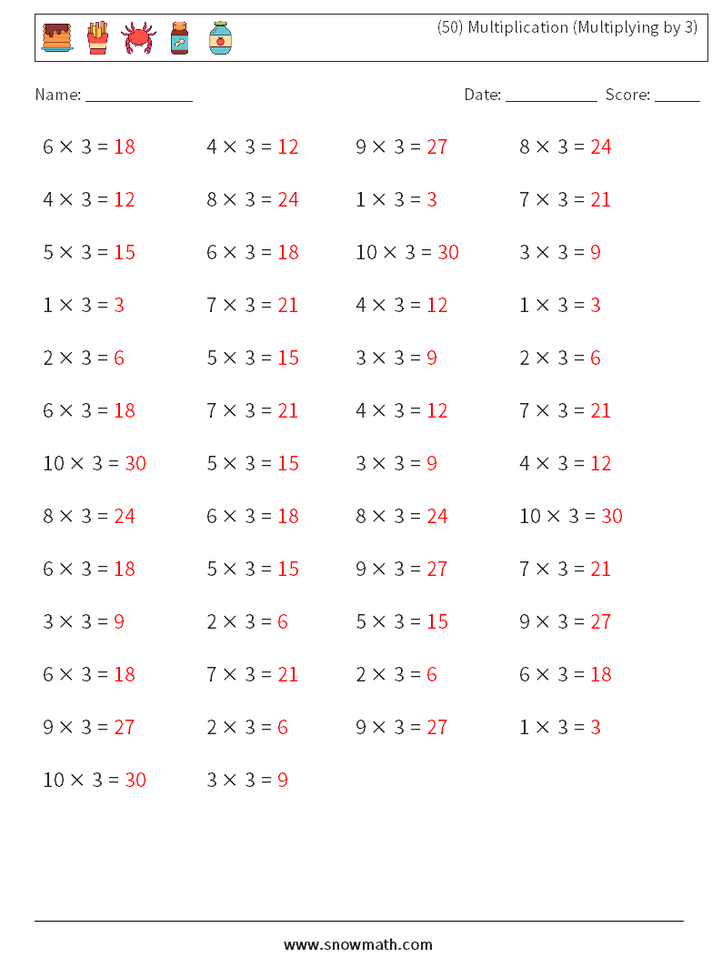 (50) Multiplication (Multiplying by 3) Maths Worksheets 9 Question, Answer