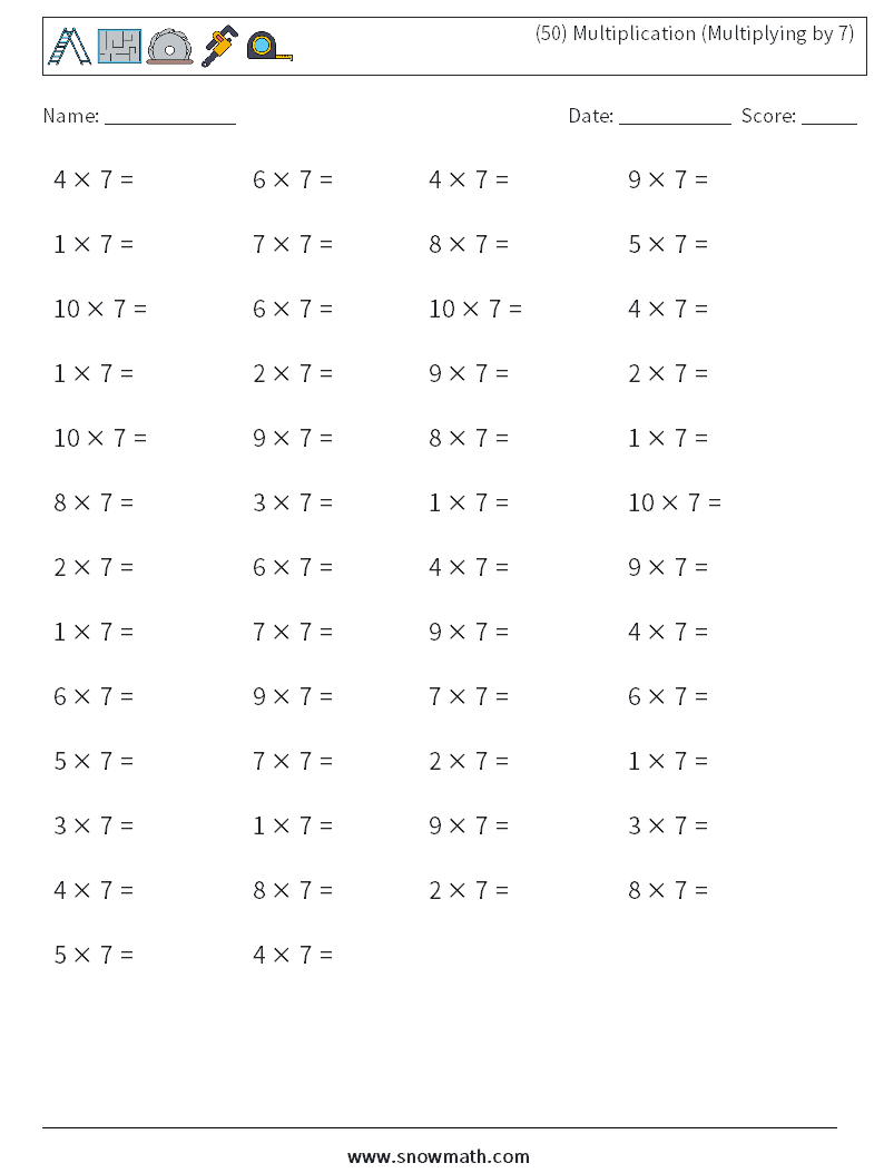 (50) Multiplication (Multiplying by 7) Maths Worksheets 1