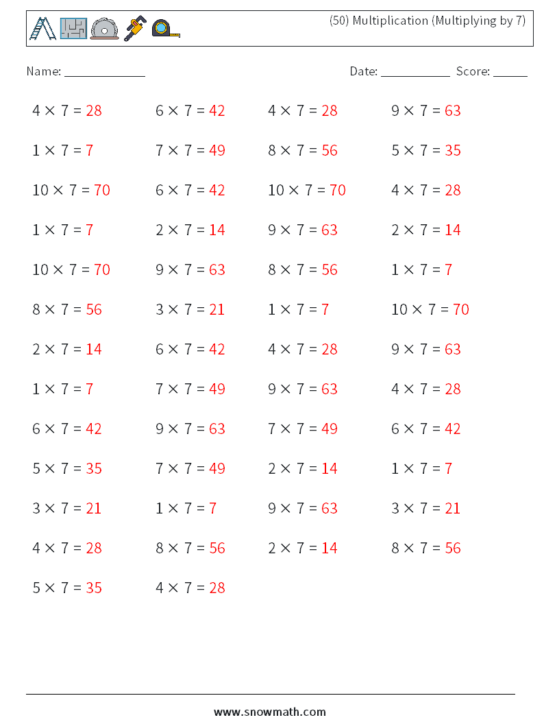 (50) Multiplication (Multiplying by 7) Maths Worksheets 1 Question, Answer