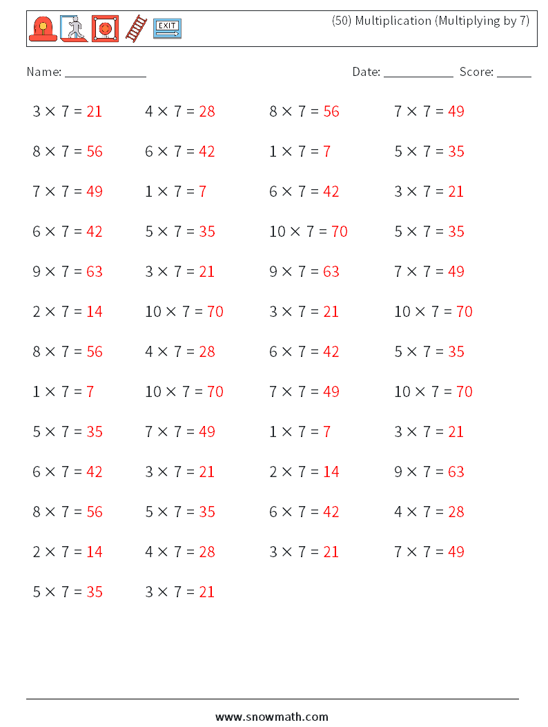 (50) Multiplication (Multiplying by 7) Maths Worksheets 2 Question, Answer