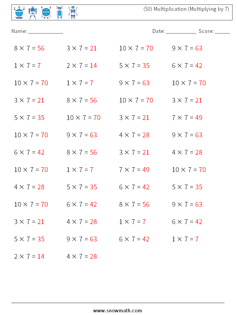 (50) Multiplication (Multiplying by 7) Maths Worksheets 3 Question, Answer