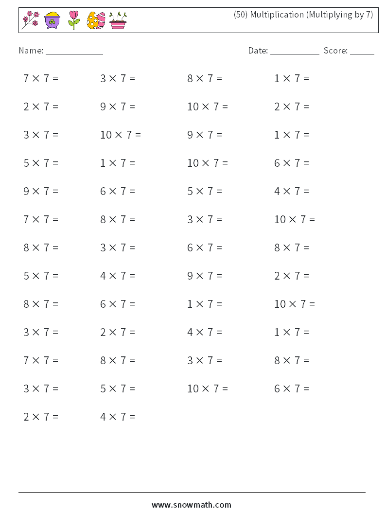 (50) Multiplication (Multiplying by 7) Maths Worksheets 4