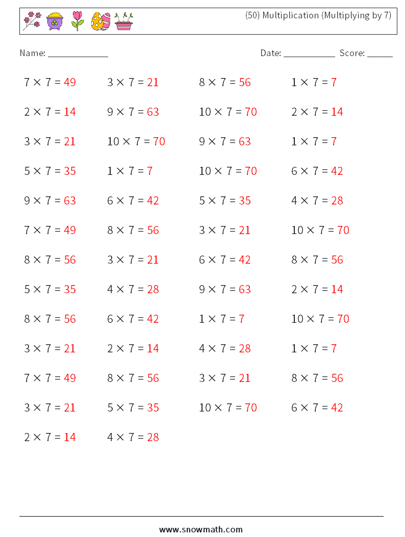 (50) Multiplication (Multiplying by 7) Maths Worksheets 4 Question, Answer