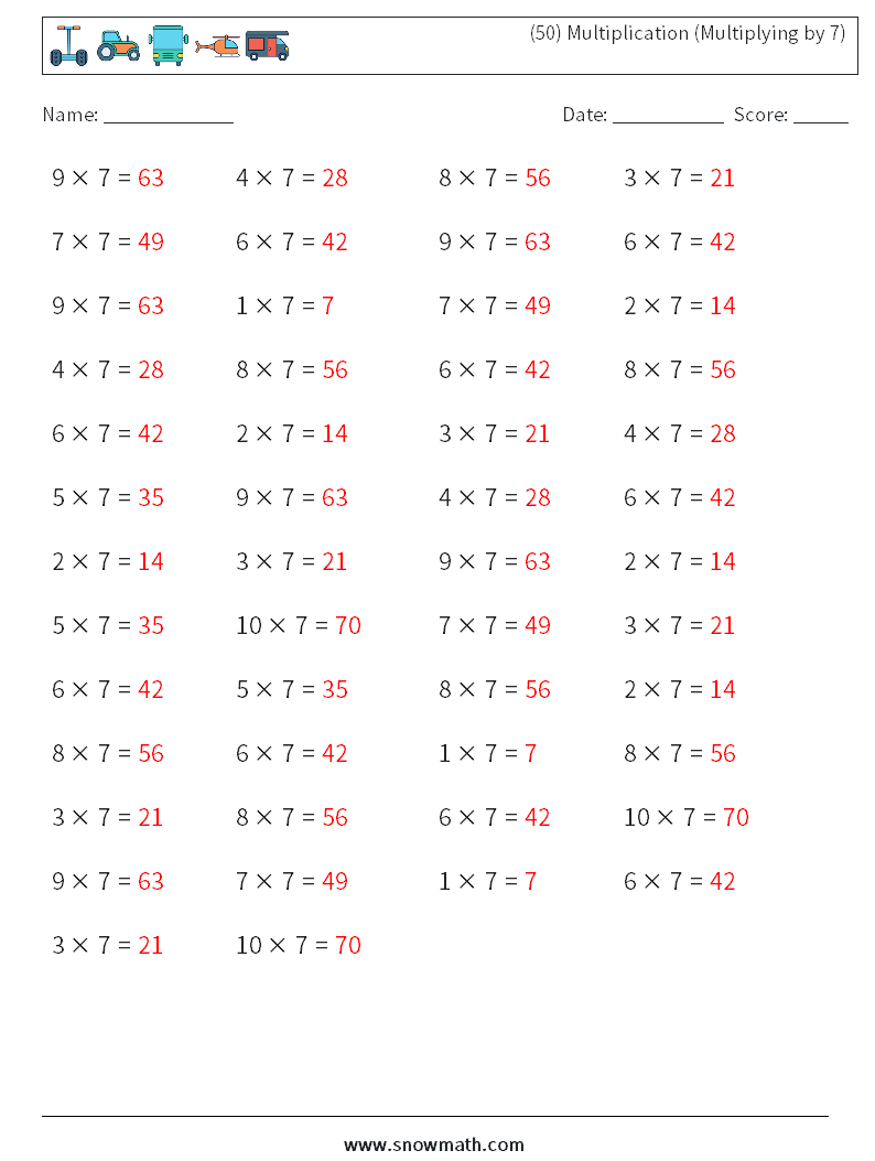 (50) Multiplication (Multiplying by 7) Maths Worksheets 5 Question, Answer