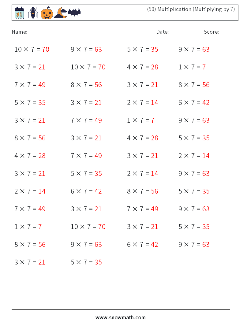 (50) Multiplication (Multiplying by 7) Maths Worksheets 6 Question, Answer