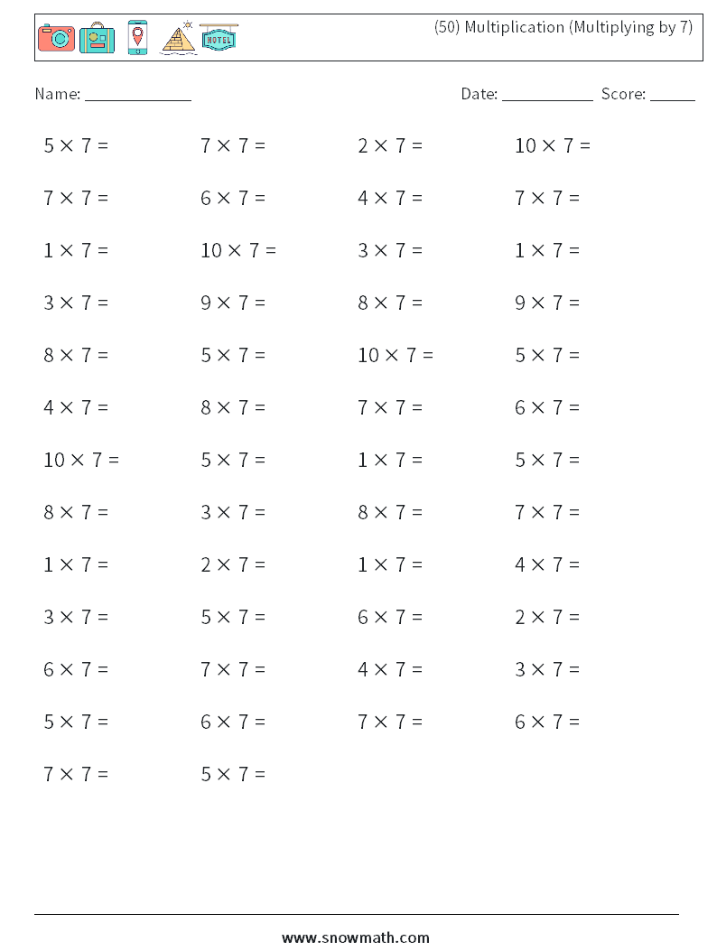 (50) Multiplication (Multiplying by 7) Maths Worksheets 7