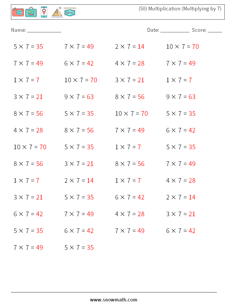 (50) Multiplication (Multiplying by 7) Maths Worksheets 7 Question, Answer