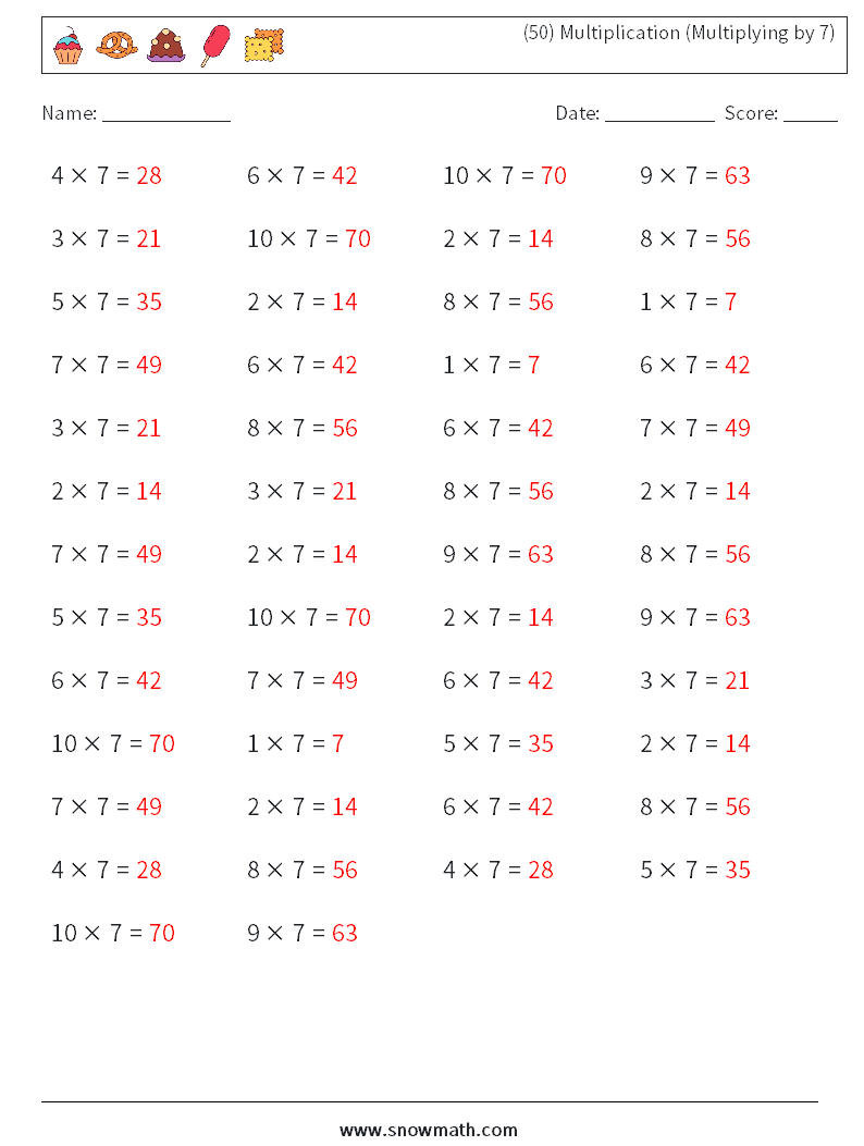 (50) Multiplication (Multiplying by 7) Maths Worksheets 8 Question, Answer