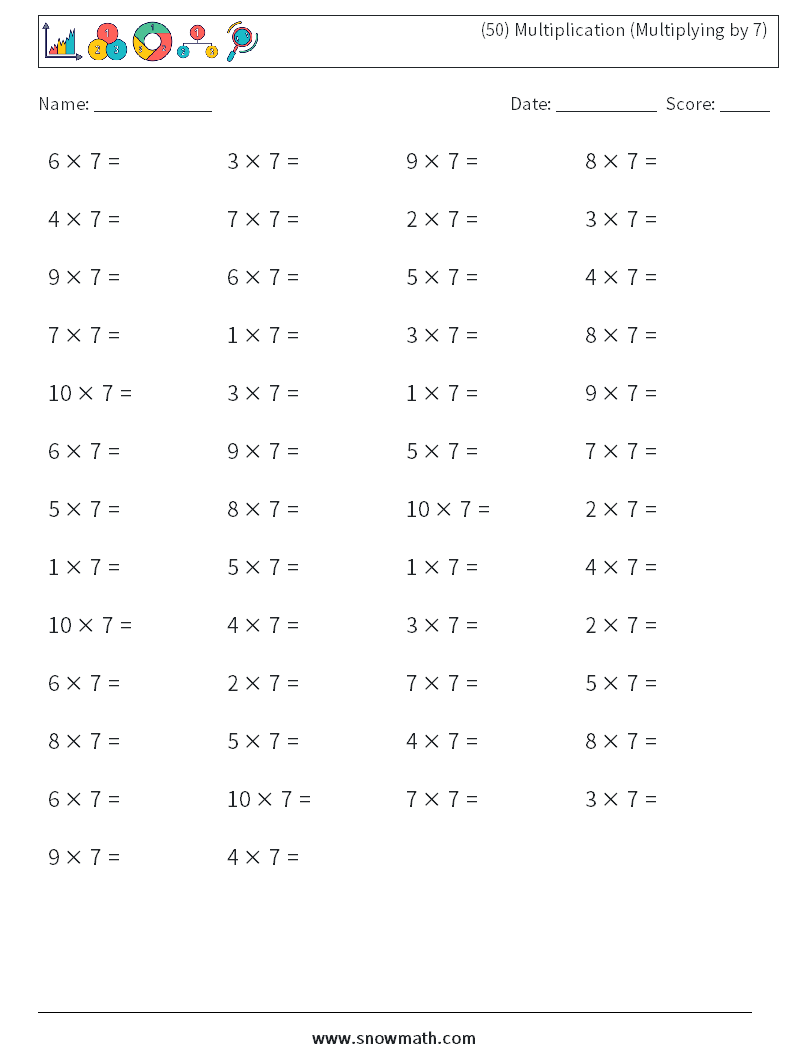 (50) Multiplication (Multiplying by 7) Maths Worksheets 9