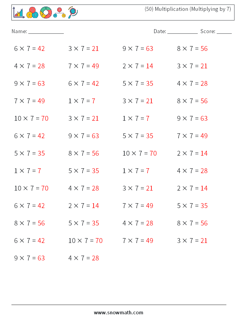 (50) Multiplication (Multiplying by 7) Maths Worksheets 9 Question, Answer