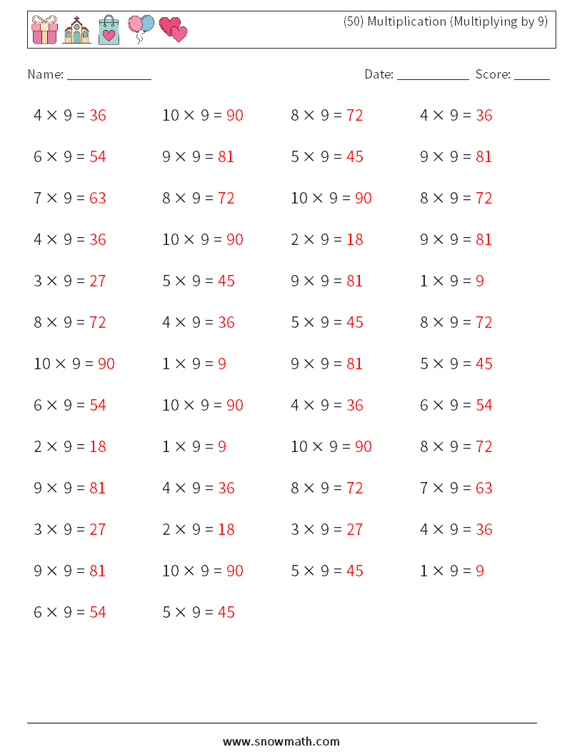 (50) Multiplication (Multiplying by 9) Maths Worksheets 1 Question, Answer