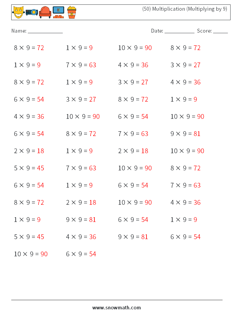 (50) Multiplication (Multiplying by 9) Maths Worksheets 3 Question, Answer