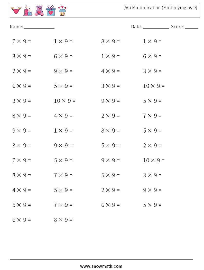 (50) Multiplication (Multiplying by 9) Maths Worksheets 4