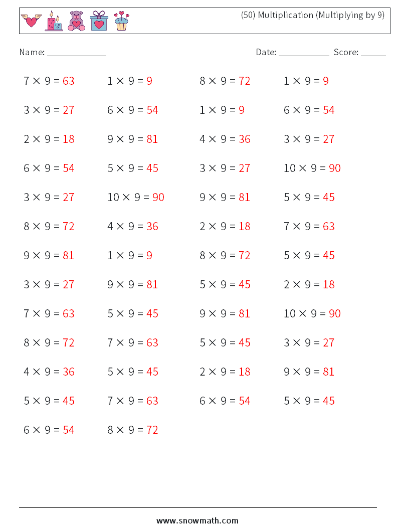 (50) Multiplication (Multiplying by 9) Maths Worksheets 4 Question, Answer