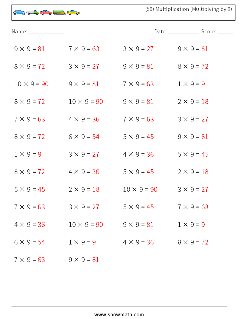 (50) Multiplication (Multiplying by 9) Maths Worksheets 5 Question, Answer