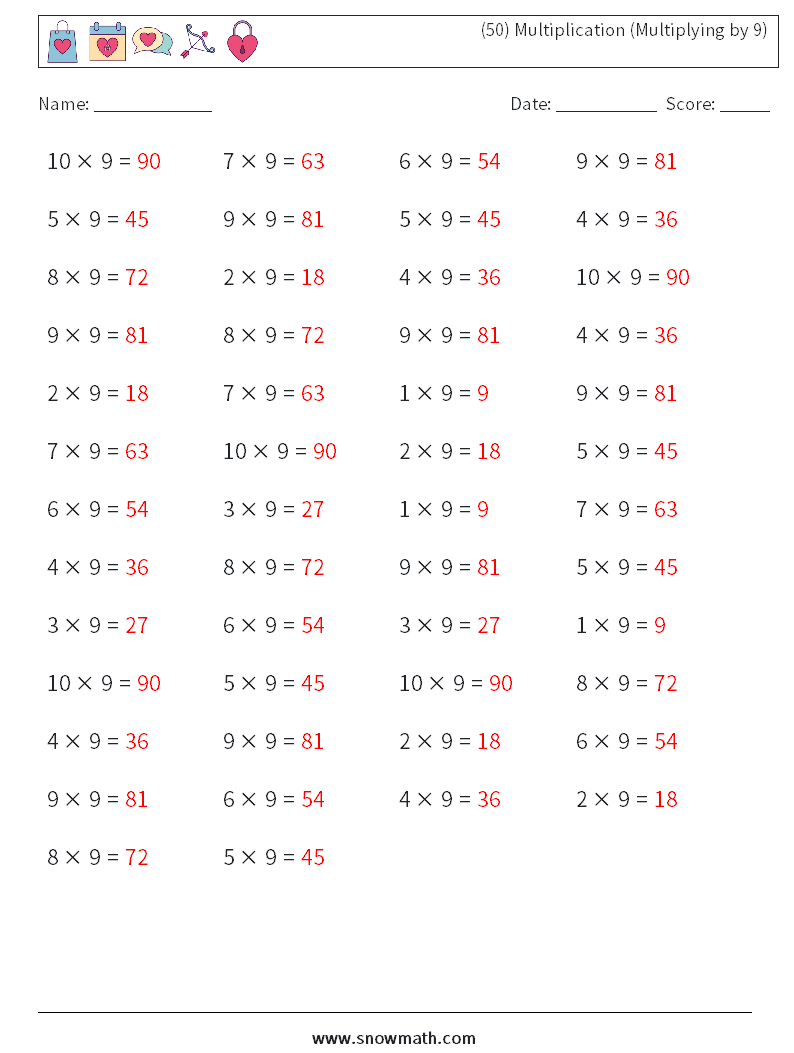 (50) Multiplication (Multiplying by 9) Maths Worksheets 6 Question, Answer