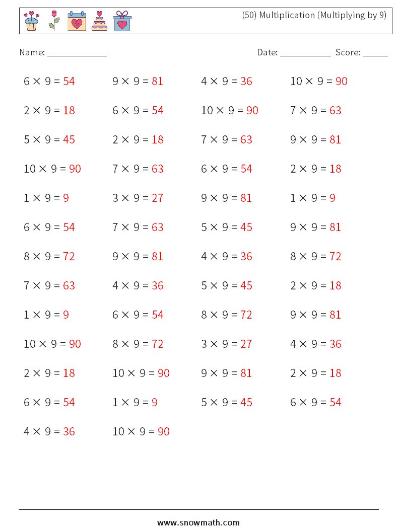 (50) Multiplication (Multiplying by 9) Maths Worksheets 8 Question, Answer