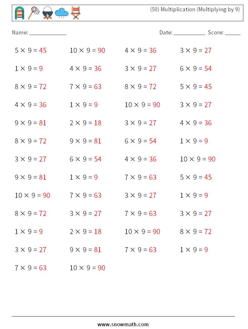 (50) Multiplication (Multiplying by 9) Maths Worksheets 9 Question, Answer
