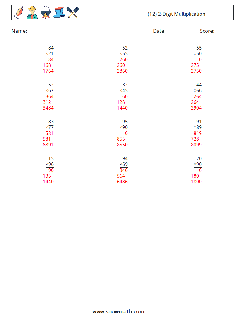 (12) 2-Digit Multiplication Maths Worksheets 10 Question, Answer