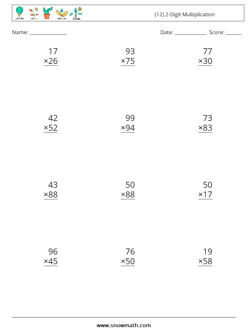 (12) 2-Digit Multiplication Maths Worksheets 12