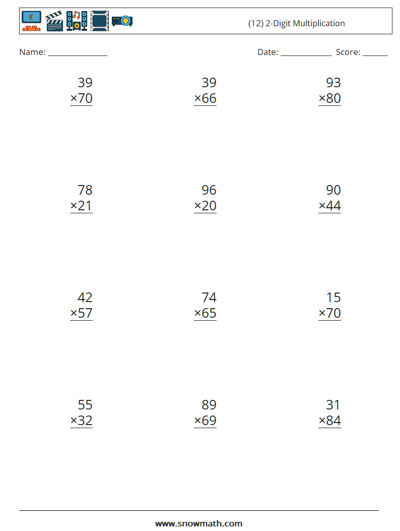 (12) 2-Digit Multiplication Maths Worksheets 13