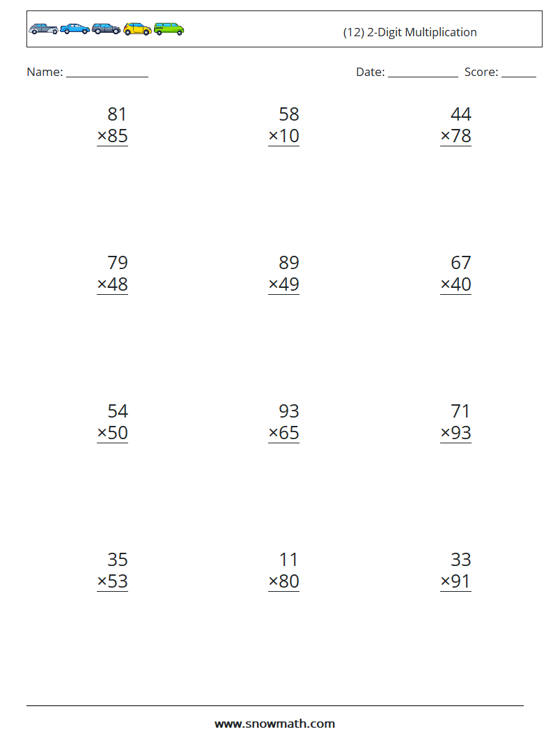 (12) 2-Digit Multiplication Maths Worksheets 14