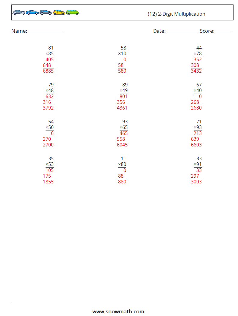 (12) 2-Digit Multiplication Maths Worksheets 14 Question, Answer