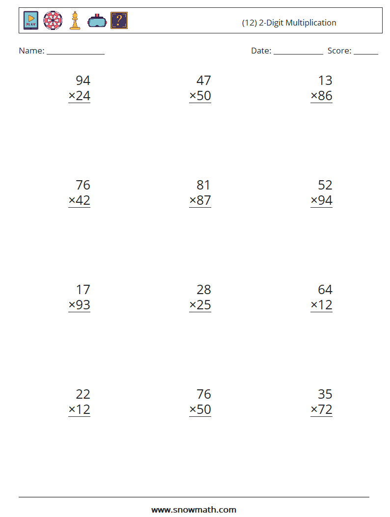 (12) 2-Digit Multiplication Maths Worksheets 15