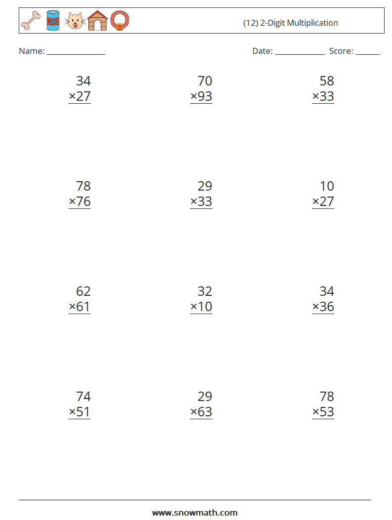 (12) 2-Digit Multiplication Maths Worksheets 16