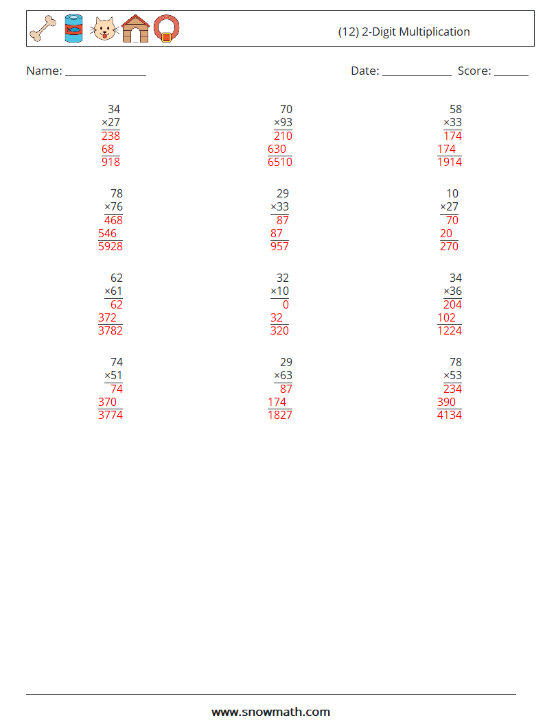 (12) 2-Digit Multiplication Maths Worksheets 16 Question, Answer