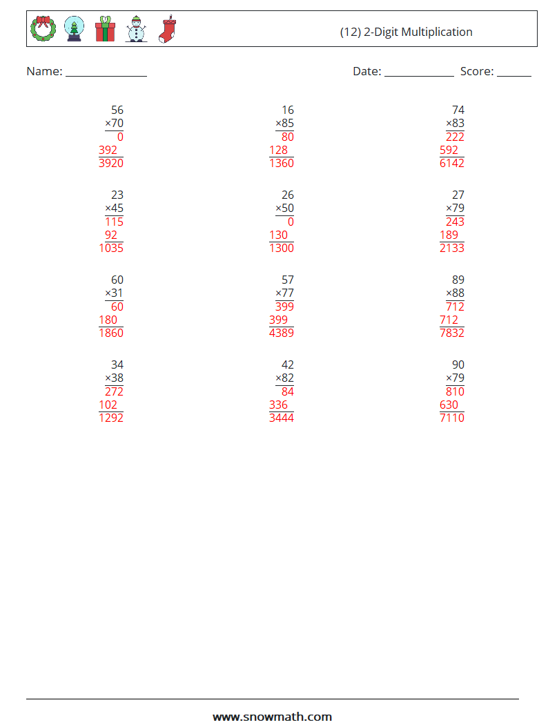 (12) 2-Digit Multiplication Maths Worksheets 17 Question, Answer