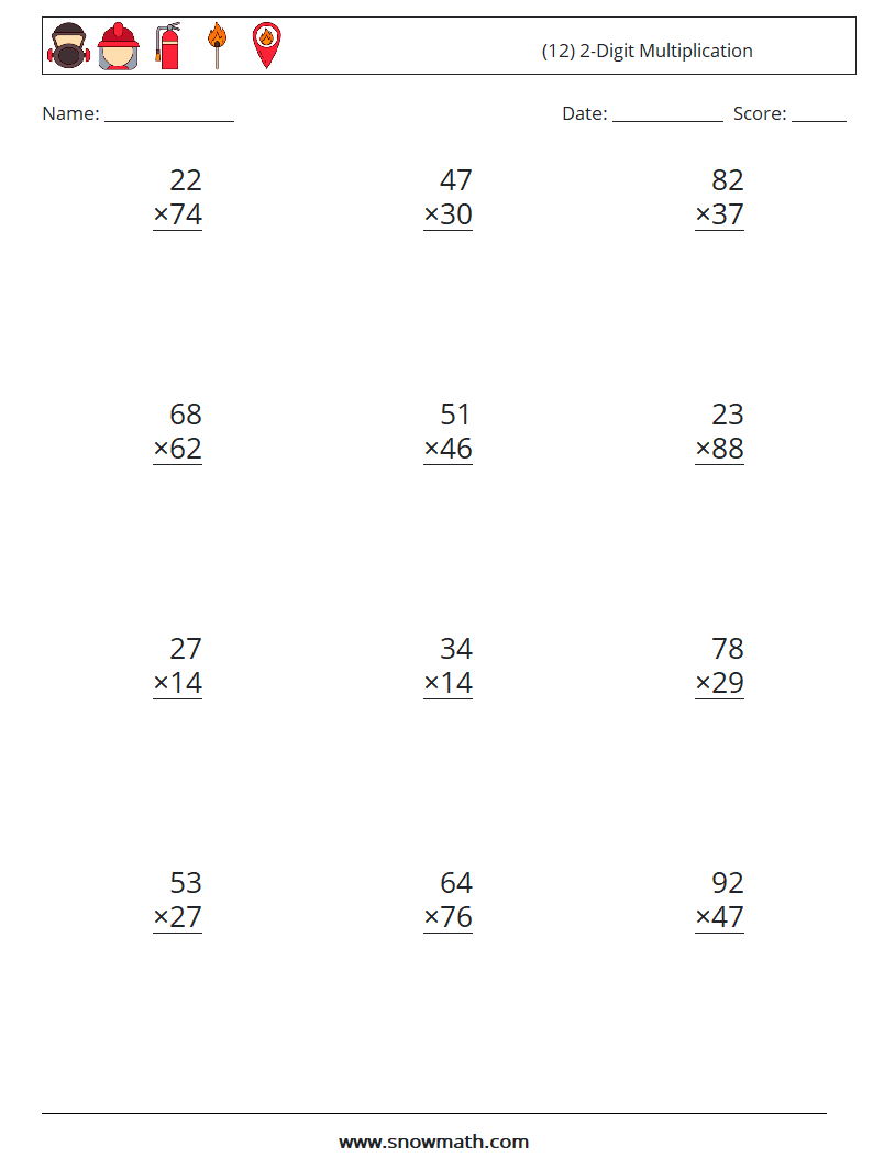 (12) 2-Digit Multiplication Maths Worksheets 2