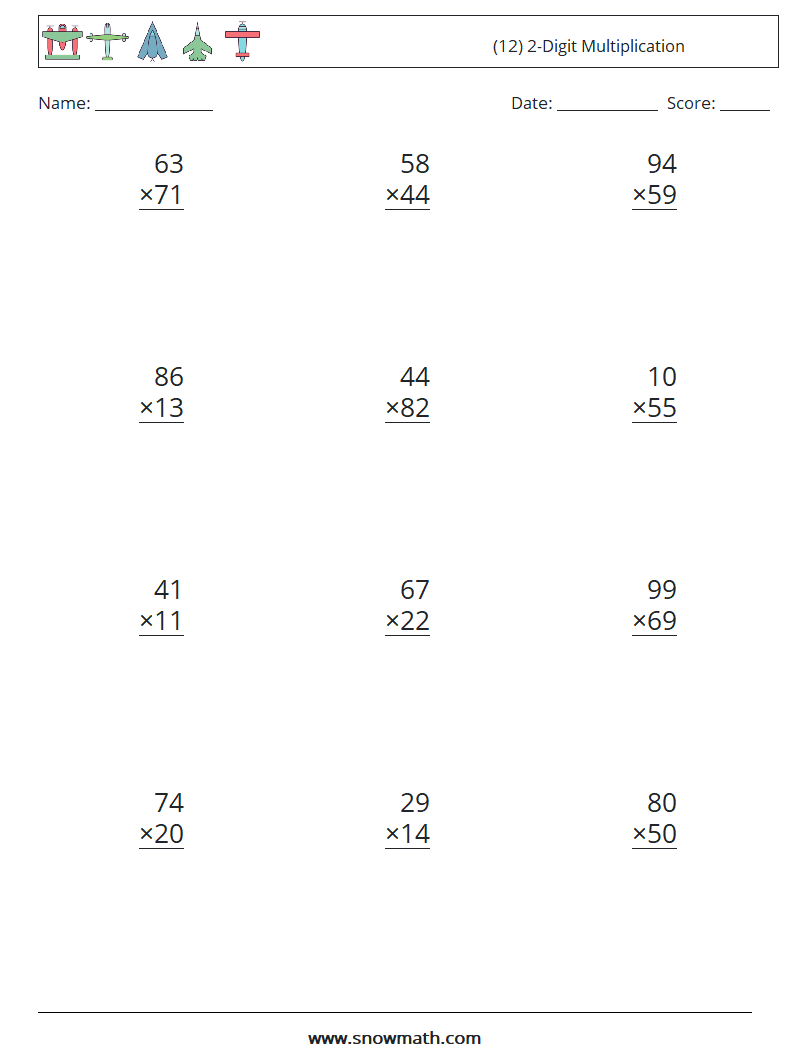 (12) 2-Digit Multiplication Maths Worksheets 7