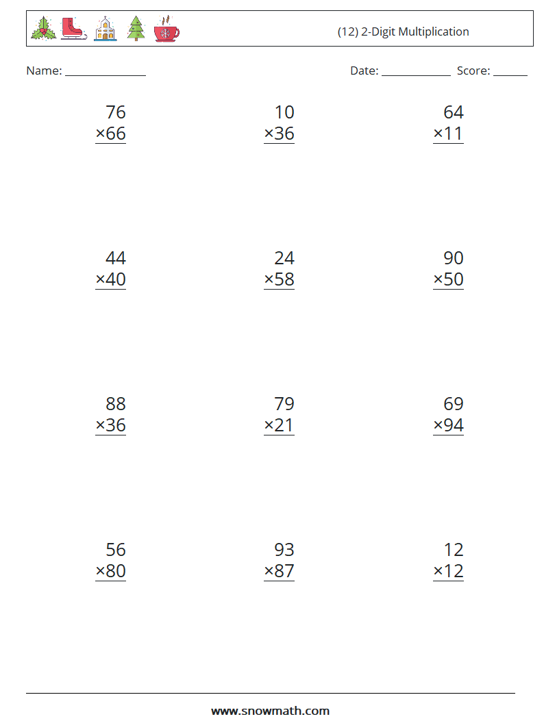 (12) 2-Digit Multiplication Maths Worksheets 8