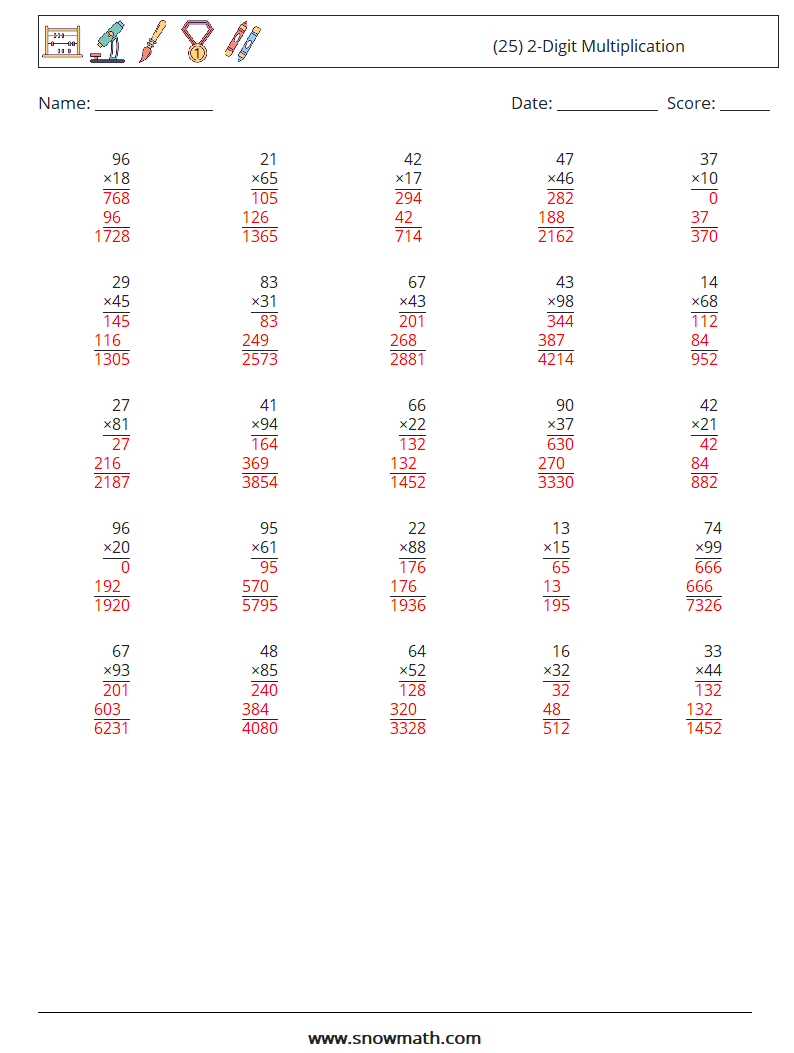 (25) 2-Digit Multiplication Maths Worksheets 12 Question, Answer