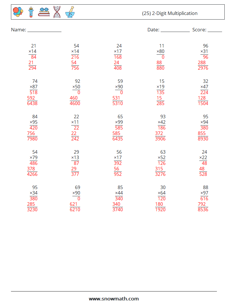 (25) 2-Digit Multiplication Maths Worksheets 14 Question, Answer