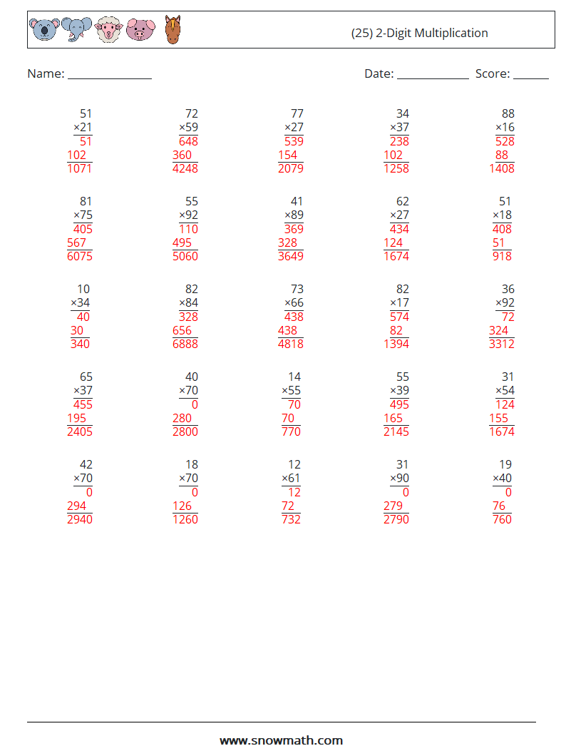 (25) 2-Digit Multiplication Maths Worksheets 15 Question, Answer